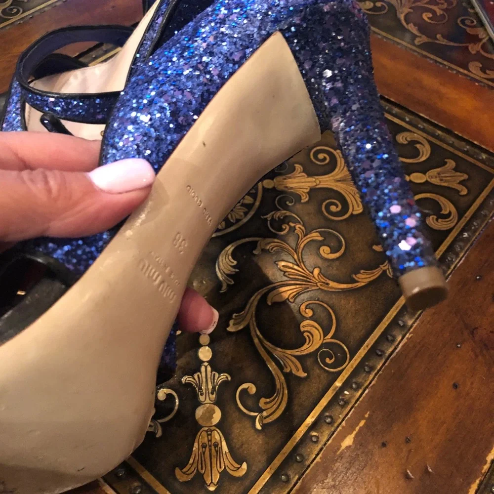 Virtually new Miu Miu strappy sandals in glittered blue